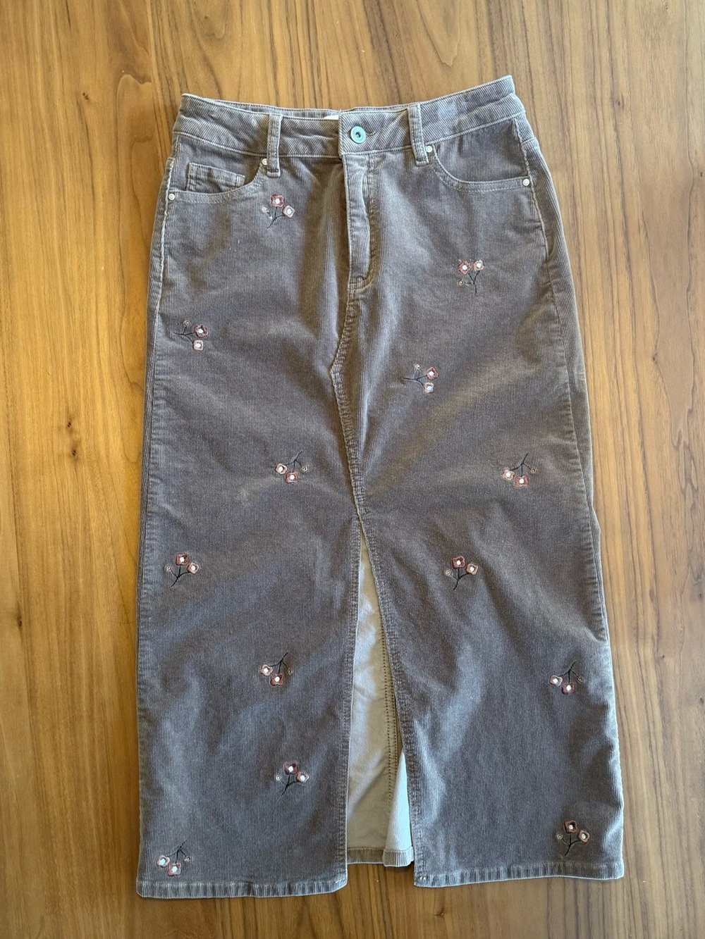 CHARLIE B Brown Corduroy Embroidered Midi Skirt